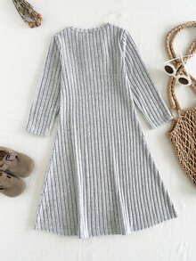 SHEIN Young Girl Princess Fairy Ribbed Knit Fitted Crew Neck Ruffle Hem Long Sleeve Dress, Suitable For Fall/ Daily Wear 7th Birthday Black Kindergarten - Light Grey - View 2
