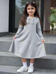 SHEIN Young Girl Princess Fairy Ribbed Knit Fitted Crew Neck Ruffle Hem Long Sleeve Dress, Suitable For Fall/ Daily Wear 7th Birthday Black Kindergarten - Light Grey - View 3