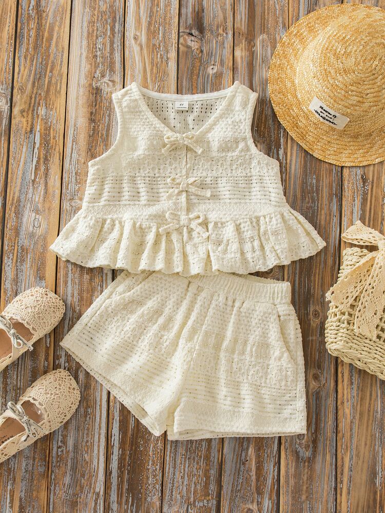 SHEIN Young Girl's Sweet Cute Bow Sleeveless Ruffle Hem Top And Shorts Set, Casual Summer Holiday - White - View 1