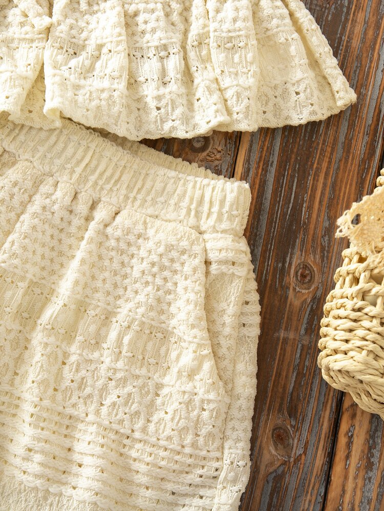 SHEIN Young Girl's Sweet Cute Bow Sleeveless Ruffle Hem Top And Shorts Set, Casual Summer Holiday - White - View 7
