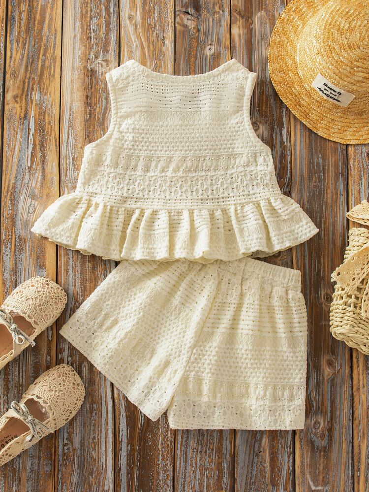 SHEIN Young Girl's Sweet Cute Bow Sleeveless Ruffle Hem Top And Shorts Set, Casual Summer Holiday - White - View 2