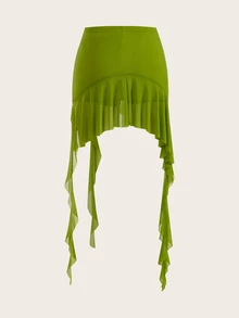 Sweetina Spring Ruched Ruffle Trim Ruffle Hem Mesh Black Skirt Green - Green - View 5