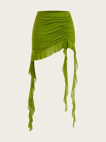 Sweetina Spring Ruched Ruffle Trim Ruffle Hem Mesh Black Skirt Green - Green - View 2