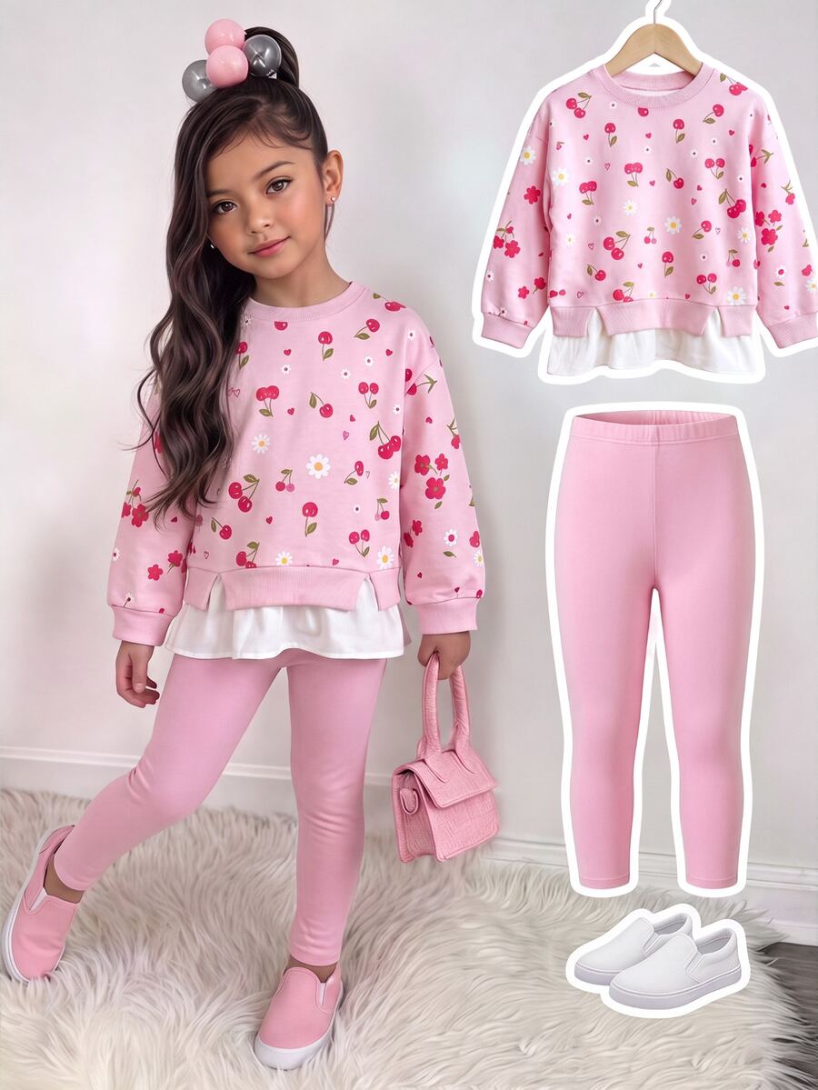 SHEIN 女童小女孩櫻花印花長袖連帽衛衣＋粉色打底褲兩件套休閒套裝 - 粉色 - 查看 1