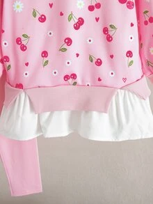 SHEIN 女童小女孩櫻花印花長袖連帽衛衣＋粉色打底褲兩件套休閒套裝 - 粉色 - 查看 7