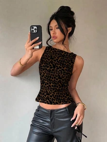 Aloruh Women's Backless Vintage Leopard Print Bow Decor Sleeveless Blouse, Suitable For Commuting, Daily Wear, Vacation, Beach, Chic Outings,Summer Top - Multicolor - View 2
