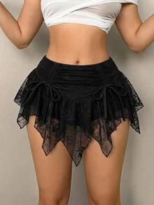 SHEIN ICON 不对称下摆抽绳腰部褶饰蕾丝迷你裙 - 黑色 - 查看 1