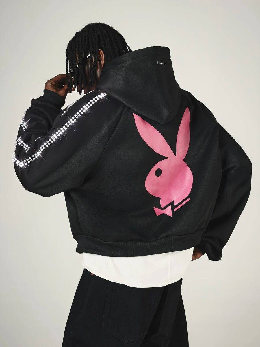 PLAYBOY X SUMWON Crop Fit Bunny Logo Full-Zip Oversized Hoodie With Rhinestone Sleeve Trim And Large Back Graphic Print - Black - View 1