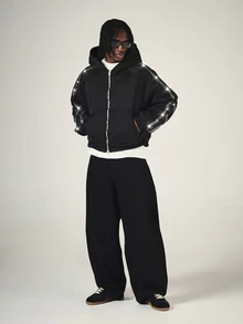 PLAYBOY X SUMWON Crop Fit Bunny Logo Full-Zip Oversized Hoodie With Rhinestone Sleeve Trim And Large Back Graphic Print - Black - View 3