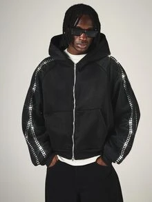 PLAYBOY X SUMWON Crop Fit Bunny Logo Full-Zip Oversized Hoodie With Rhinestone Sleeve Trim And Large Back Graphic Print - Black - View 4