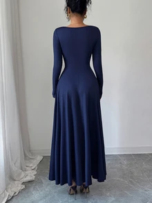 Elenzga 新款女式低胸设计喇叭袖金属装饰 A 字长裙，休闲度假日常百搭优雅年轻女士，秋冬 - 藍色 - 查看 2