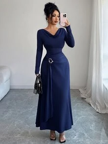 Elenzga 新款女式低胸设计喇叭袖金属装饰 A 字长裙，休闲度假日常百搭优雅年轻女士，秋冬 - 藍色 - 查看 5