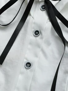 valorelle valorelle 女款鈕扣蝴蝶結長袖上衣與條紋對比百褶裙兩件套 - 白色 - 查看 7