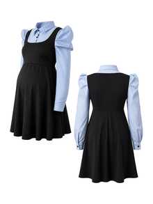 SHEIN Maternity Long Sleeve Shirt Collar A-Line Striped Black Fabric Patchwork Mini Dress - Black - View 7