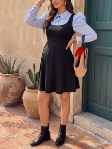 SHEIN Maternity Long Sleeve Shirt Collar A-Line Striped Black Fabric Patchwork Mini Dress - Black - View 2