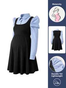 SHEIN Maternity Long Sleeve Shirt Collar A-Line Striped Black Fabric Patchwork Mini Dress - Black - View 4