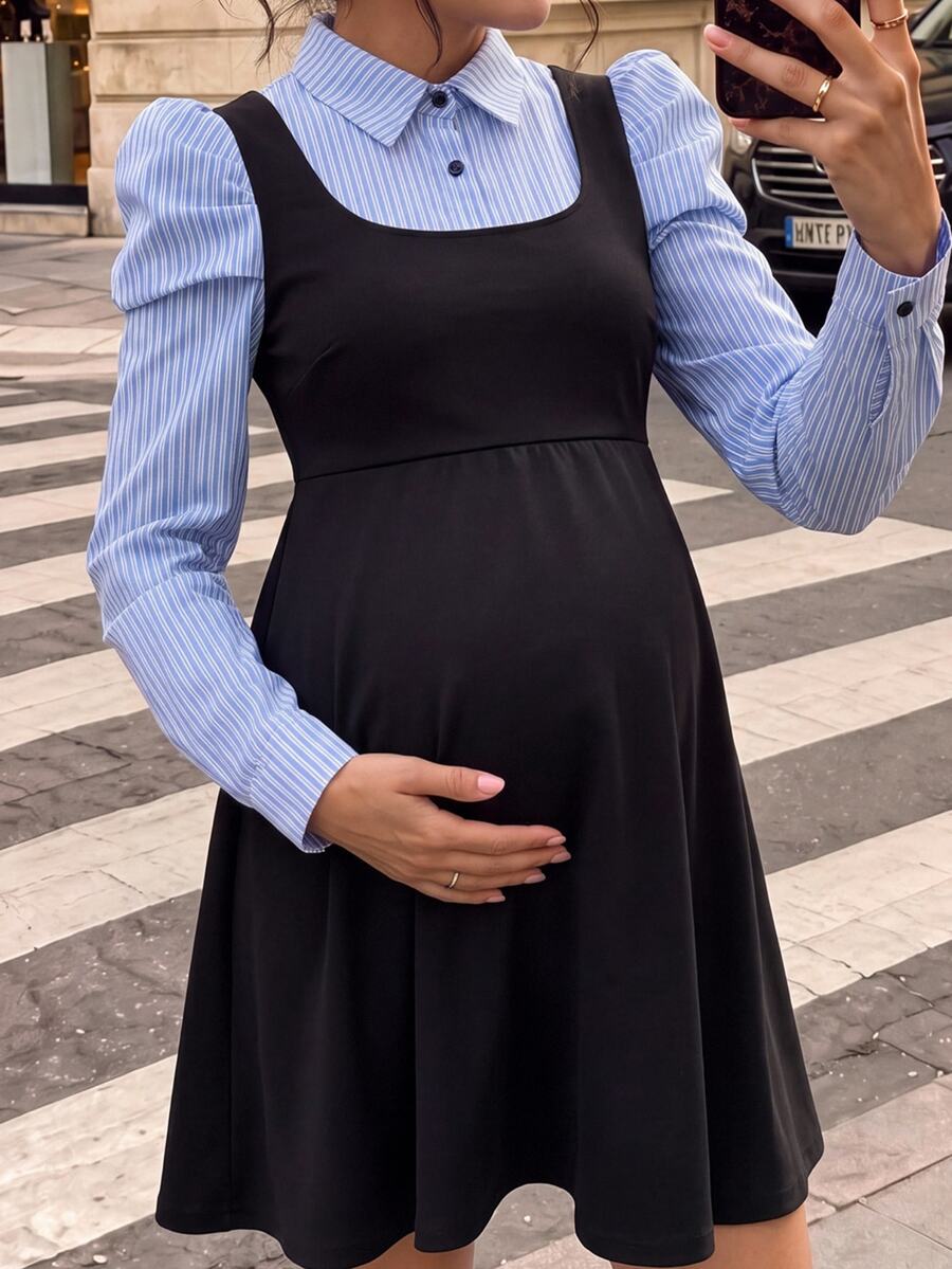 SHEIN 孕婦長袖襯衫領 A 字條紋黑色布料拼接迷你洋裝 - 黑色 - 查看 1