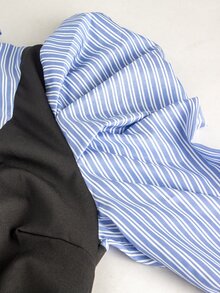 SHEIN Maternity Long Sleeve Shirt Collar A-Line Striped Black Fabric Patchwork Mini Dress - Black - View 10