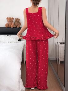 Napfluff Red Striped Bow Strap Sleeveless Ruffle Cute Women's Pajama Set - Burgundy - View 2