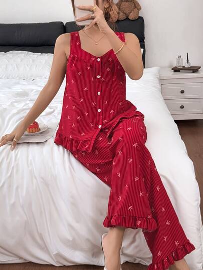 Napfluff Bộ đồ ngủ nữ dễ thương không tay phối bèo nhún, dây đeo nơ sọc đỏ