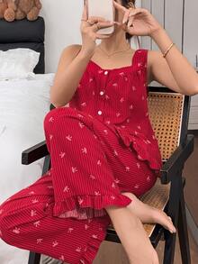Napfluff Red Striped Bow Strap Sleeveless Ruffle Cute Women's Pajama Set - Burgundy - View 6