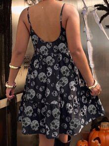 Muchica Plus Size Women's Skull Print Casual Spaghetti Strap Dress - Black - View 2