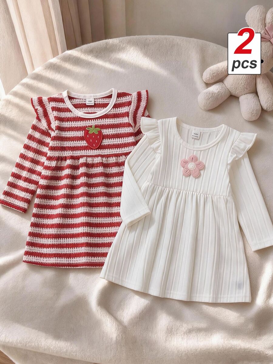 SHEIN Playful Pals Baby Girl 2pcs Red & White Ribbed Strawberry Patch & White Flower Patch Flutter Sleeve Knitted Jacquard Fuzzy Ribbed Autumn/Winter Dress - Red and White - View 1