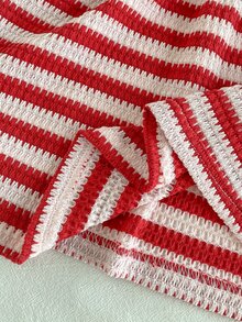 SHEIN Playful Pals Baby Girl 2pcs Red & White Ribbed Strawberry Patch & White Flower Patch Flutter Sleeve Knitted Jacquard Fuzzy Ribbed Autumn/Winter Dress - Red and White - View 6