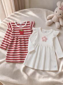 SHEIN Playful Pals Baby Girl 2pcs Red & White Ribbed Strawberry Patch & White Flower Patch Flutter Sleeve Knitted Jacquard Fuzzy Ribbed Autumn/Winter Dress - Red and White - View 9