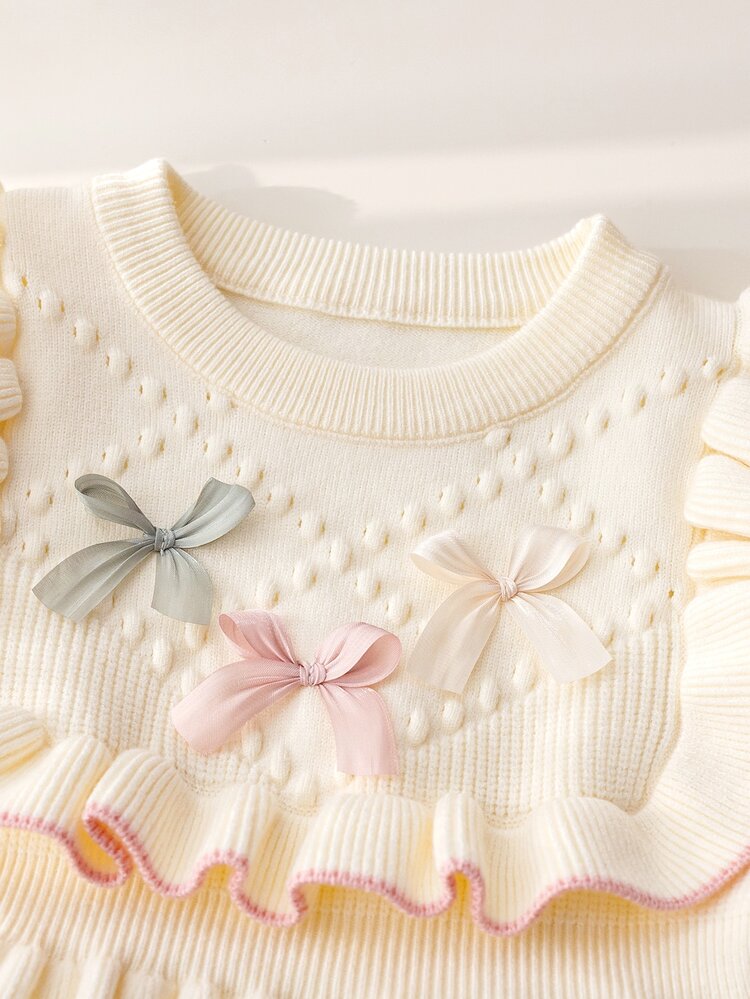 Souflis Souflis Young Girl White Bow Sweater Dress, Cute Ruffle Round Neck Long Sleeve Knit Dress Autumn Fall Mommy And Me Baby Shower Princess Baby Doll - White - View 3