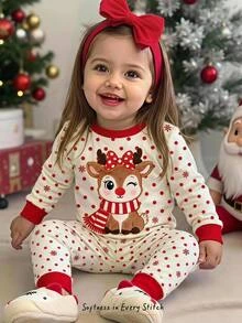 SHEIN 2件組女嬰休閒聖誕紅色馴鹿圖案舒適印花圓領長袖睡衣褲長襪針織居家服套裝 - 紅色 - 查看 9