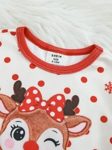 SHEIN 2件組女嬰休閒聖誕紅色馴鹿圖案舒適印花圓領長袖睡衣褲長襪針織居家服套裝 - 紅色 - 查看 4