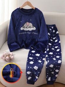 Genkimix Kids Girls' Royal Blue Simple Fashion Cute Elephant & Cloud Pattern Round Neck Long Sleeve Pants Comfortable 2 Pieces Set Plush Loungewear Autumn/Winter - Royal Blue - View 2