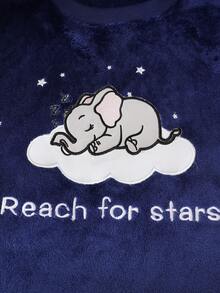 Genkimix Kids Girls' Royal Blue Simple Fashion Cute Elephant & Cloud Pattern Round Neck Long Sleeve Pants Comfortable 2 Pieces Set Plush Loungewear Autumn/Winter - Royal Blue - View 5