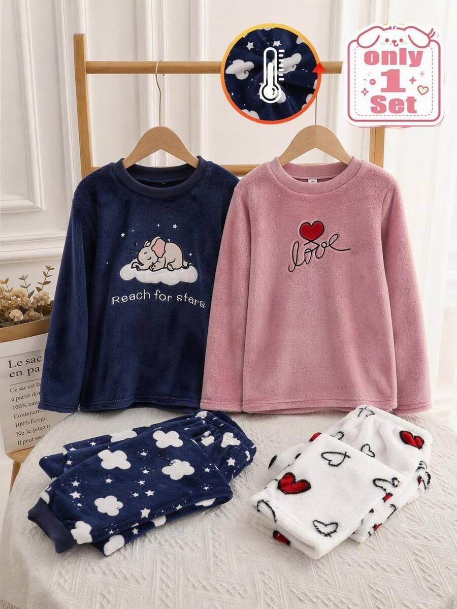Genkimix Kids Girls' Royal Blue Simple Fashion Cute Elephant & Cloud Pattern Round Neck Long Sleeve Pants Comfortable 2 Pieces Set Plush Loungewear Autumn/Winter - Royal Blue - View 1