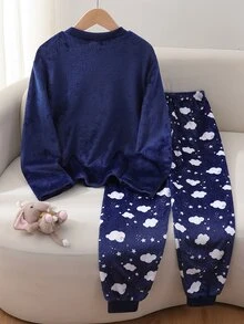Genkimix Kids Girls' Royal Blue Simple Fashion Cute Elephant & Cloud Pattern Round Neck Long Sleeve Pants Comfortable 2 Pieces Set Plush Loungewear Autumn/Winter - Royal Blue - View 3