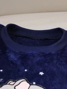 Genkimix Kids Girls' Royal Blue Simple Fashion Cute Elephant & Cloud Pattern Round Neck Long Sleeve Pants Comfortable 2 Pieces Set Plush Loungewear Autumn/Winter - Royal Blue - View 7