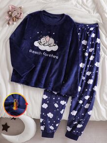 Genkimix Kids Girls' Royal Blue Simple Fashion Cute Elephant & Cloud Pattern Round Neck Long Sleeve Pants Comfortable 2 Pieces Set Plush Loungewear Autumn/Winter - Royal Blue - View 4