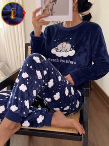 Genkimix Kids Girls' Royal Blue Simple Fashion Cute Elephant & Cloud Pattern Round Neck Long Sleeve Pants Comfortable 2 Pieces Set Plush Loungewear Autumn/Winter - Royal Blue - View 6
