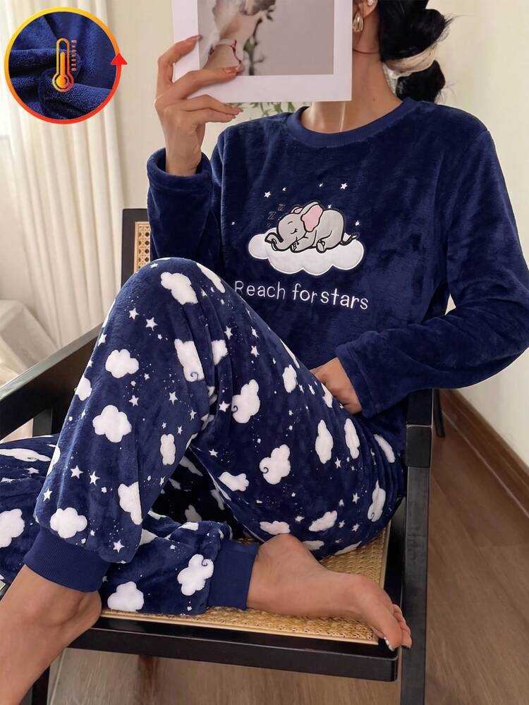 Genkimix Kids 女童皇家藍簡約時尚可愛大象與雲朵圖案圓領長袖褲裝舒適2件套毛絨居家服 秋冬款 - 寶藍色 - 查看 6
