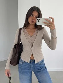 Siren Gaze تي شيرت نسائي جديد للخريف/الشتاء بتصميم 2 في 1 مع رقعات دانتيل وقصة ضيقة - لون مشمشي - مشاهدة 1