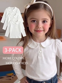 Elladie kids 女童白色 3 件組長袖 Polo 衫，彼得領搭配精緻愛心鈕扣，基本純色修身長袖 T 恤，適合返校季 - 白色 - 查看 5