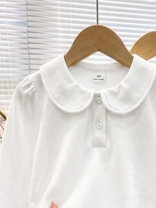 Elladie kids 女童白色 3 件組長袖 Polo 衫，彼得領搭配精緻愛心鈕扣，基本純色修身長袖 T 恤，適合返校季 - 白色 - 查看 4