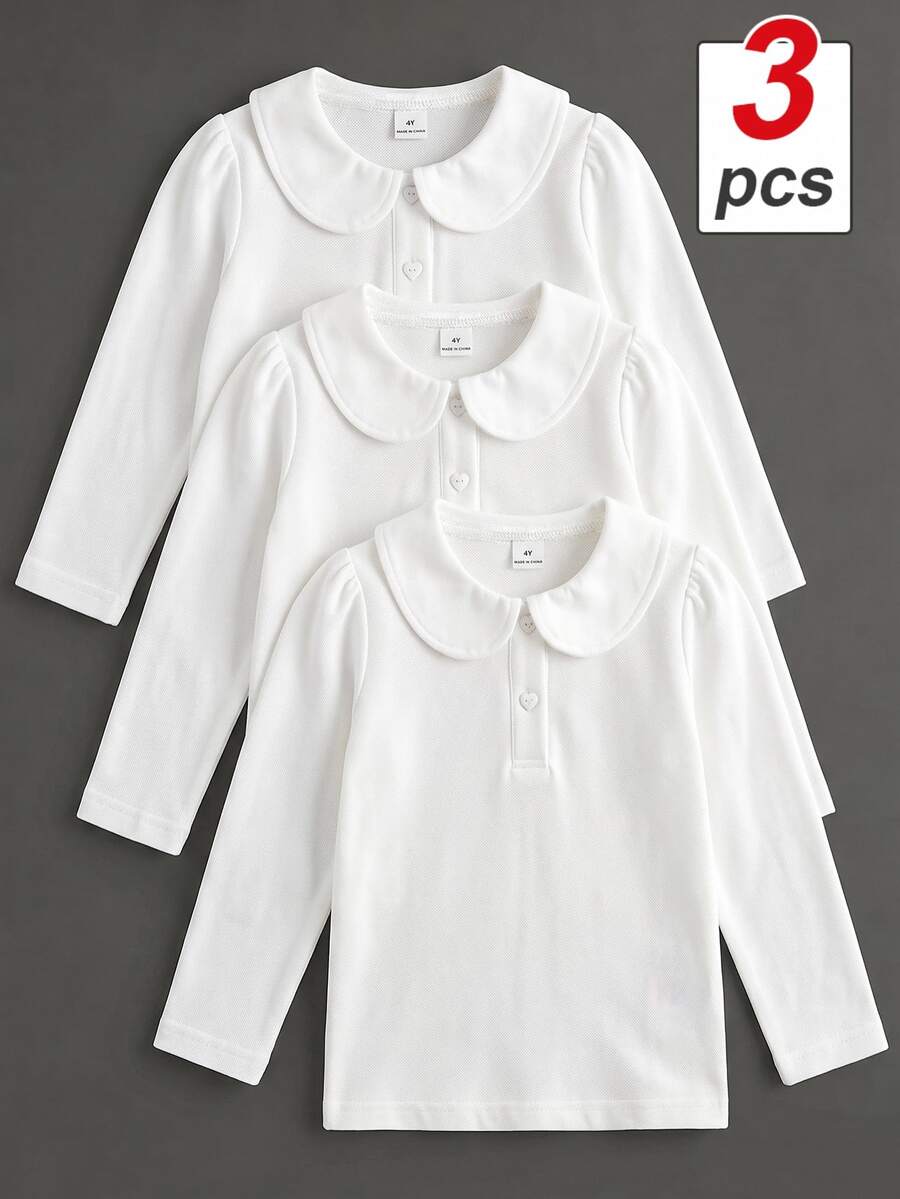 Elladie kids 女童白色 3 件組長袖 Polo 衫，彼得領搭配精緻愛心鈕扣，基本純色修身長袖 T 恤，適合返校季