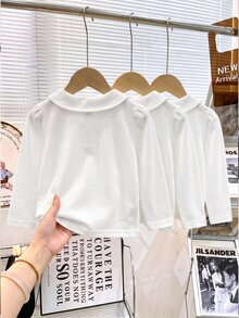 Elladie kids 女童白色 3 件組長袖 Polo 衫，彼得領搭配精緻愛心鈕扣，基本純色修身長袖 T 恤，適合返校季 - 白色 - 查看 3