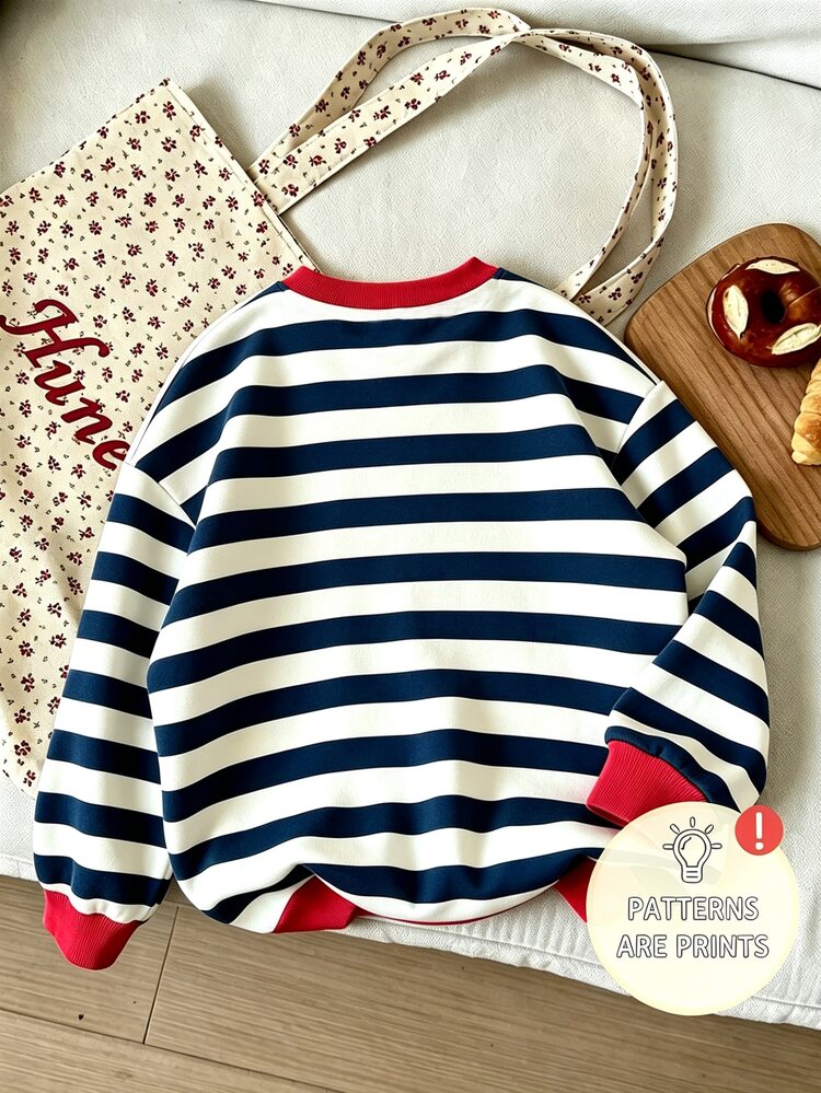 Girls' Vintage Navy Blue & White Striped Crew Neck Sweatshirt, Red Contrast Ribbed Collar & Cuffs, Red Letter Print, Loose Drop Shoulder Versatile Top, Casual Daily Wear Young Girls Clothing, Ins Korean Style Fresh Versatile Autumn/Winter Long Sleeve Sweatshirt, Suitable For Back To School & Outings - Multicolor - View 2