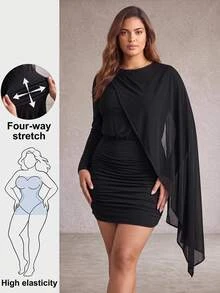 Enliva Gaun Mini Hitam Wanita Ukuran Plus, Gaun Bodycon Asimetris Lengan Panjang dengan Detail Jubah Berlipat untuk Musim Gugur - Hitam - View 1