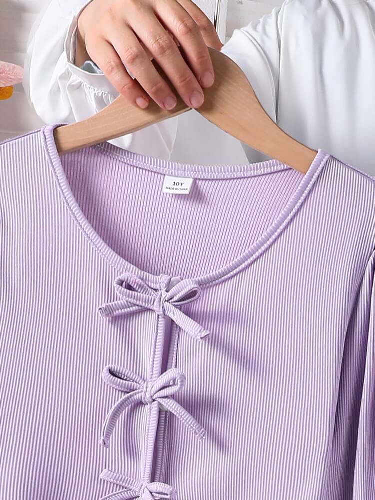 SHEIN Tween Girls Fall Dresses Matching 2pcs/Set Girls Casual Ribbed Knit Cardigan With Bow Decor And Printed Slip Mini Dress, Spring/Autumn, Daily, Outfit - Purple - View 7