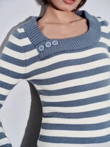 ROMWE Y2K Vintage Retro Colorblock Striped V-Neck Women's Sweater - Blue - View 8
