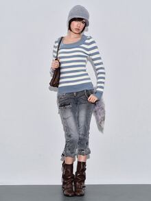 ROMWE Y2K Vintage Retro Colorblock Striped V-Neck Women's Sweater - Blue - View 4